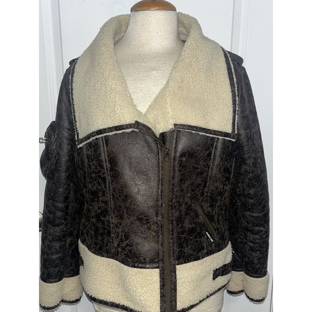 MO Members Only Brown Faux Fur & Leather Motorcycle Jacket SIZE XL Womens EUC